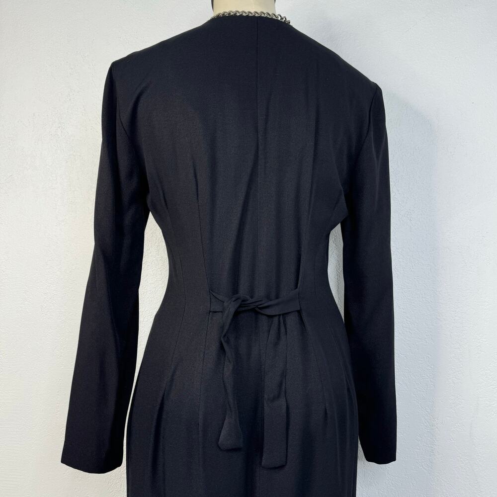 Vintage 80s 90s Black Button Front V-Neck Dress With Waist Tie Whimsigoth - Picture 5 of 6